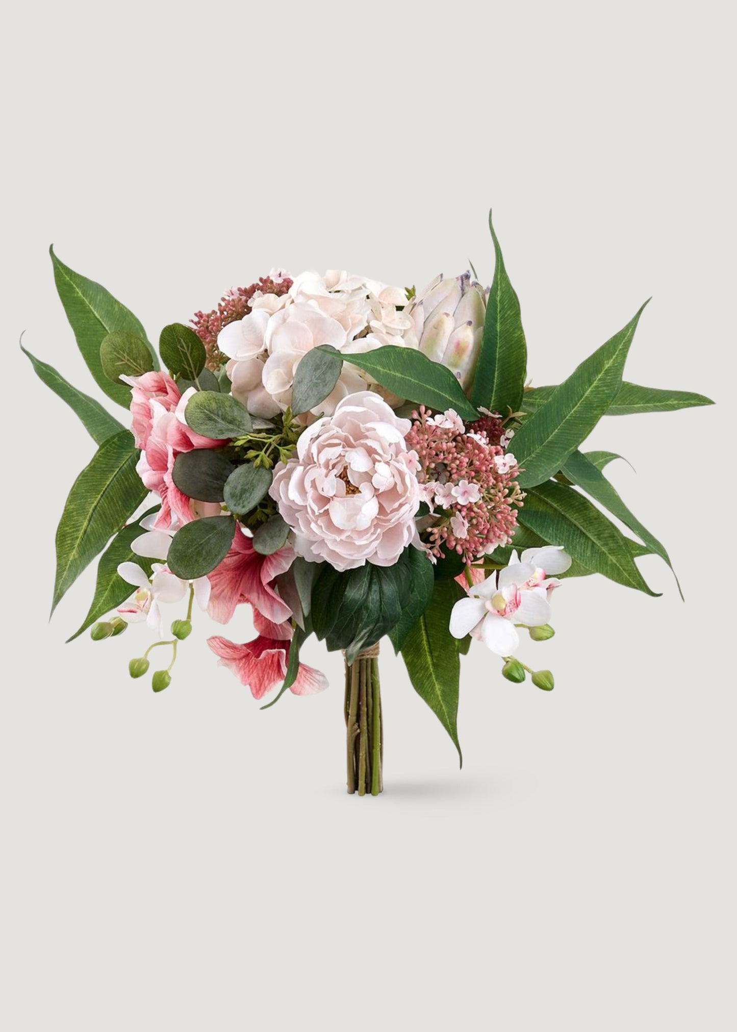 Blush Pink Fake Peony and Orchid Tropical Flower Bouquet - 16"
