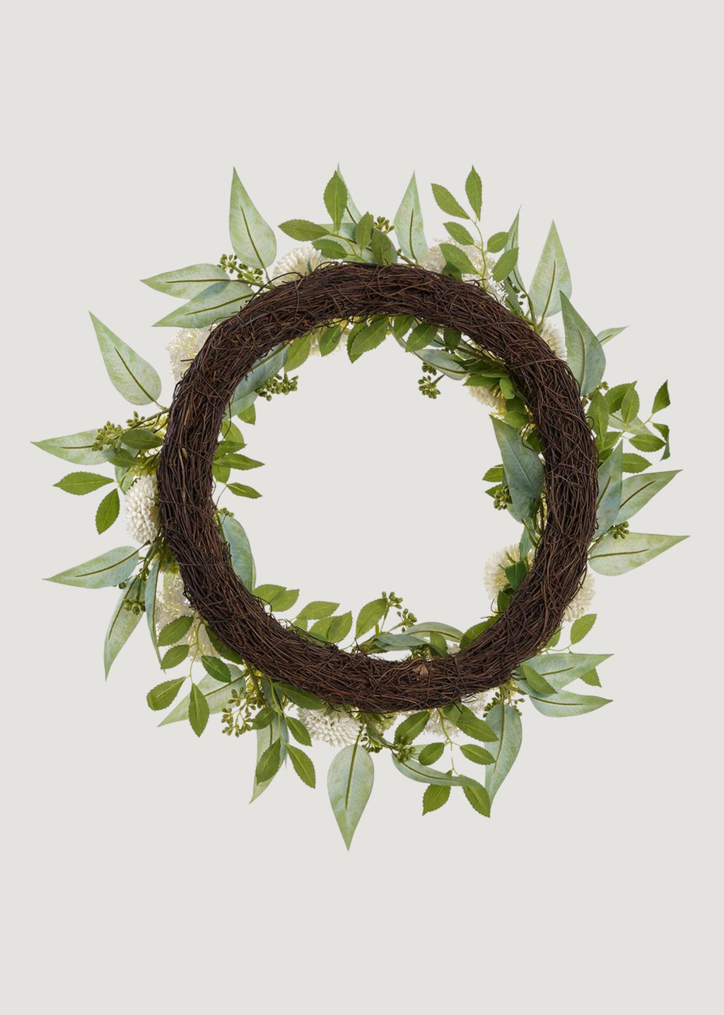 Cream Green Fake Snowball and Mum Flower Wreath with Sedum - 24"