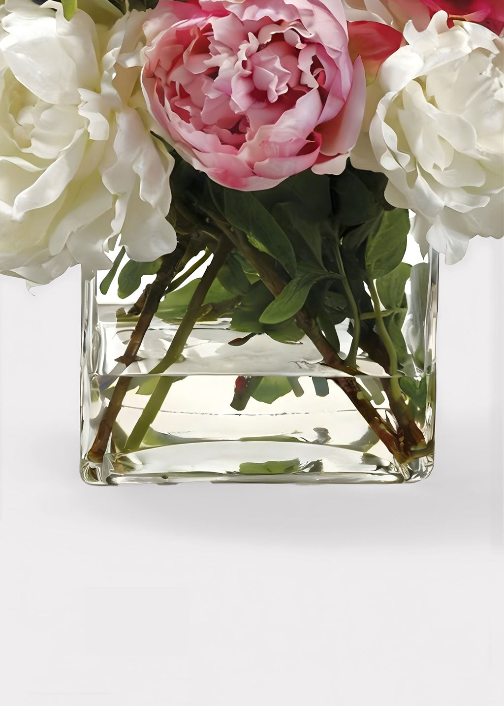 Pink and White Faux Peony Glass Vase Arrangement - 14"