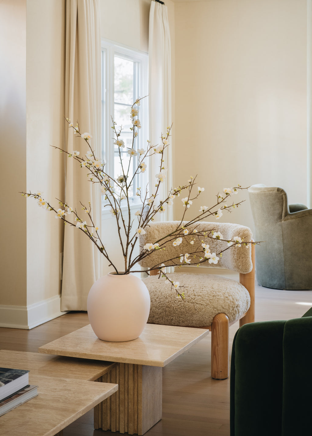 Faux Quince Blossom Branch in Cream - 54"