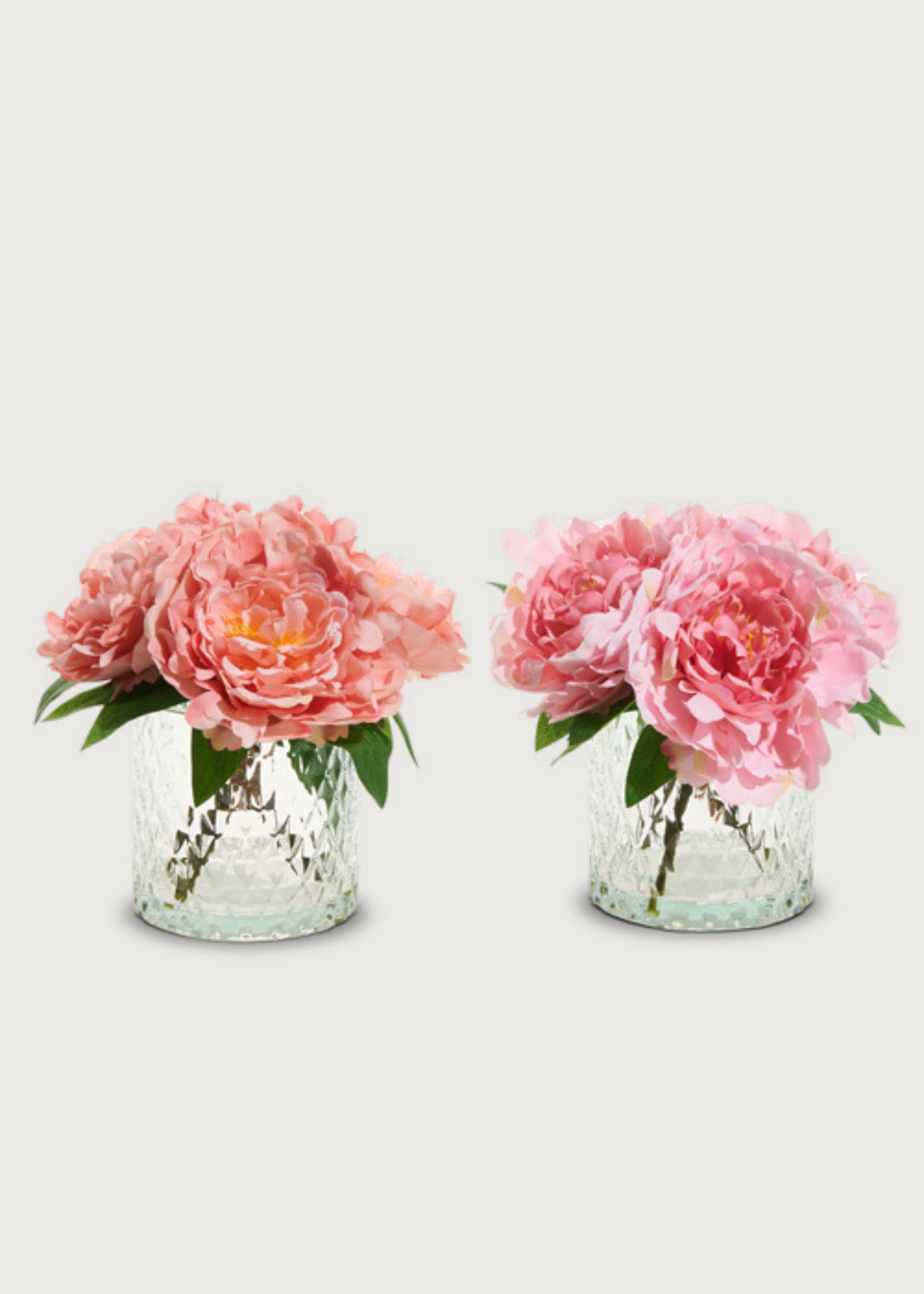 Set of 2 - Pink Fake Peony Flower Arrangement in Glass Vase - 8.5"