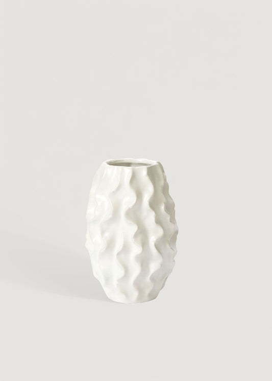 Matte White Ceramic Ruffle Vase - 8"