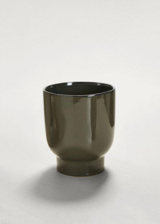 Dark Olive Green Glossy Ceramic Footed Fischer Pot - 8"
