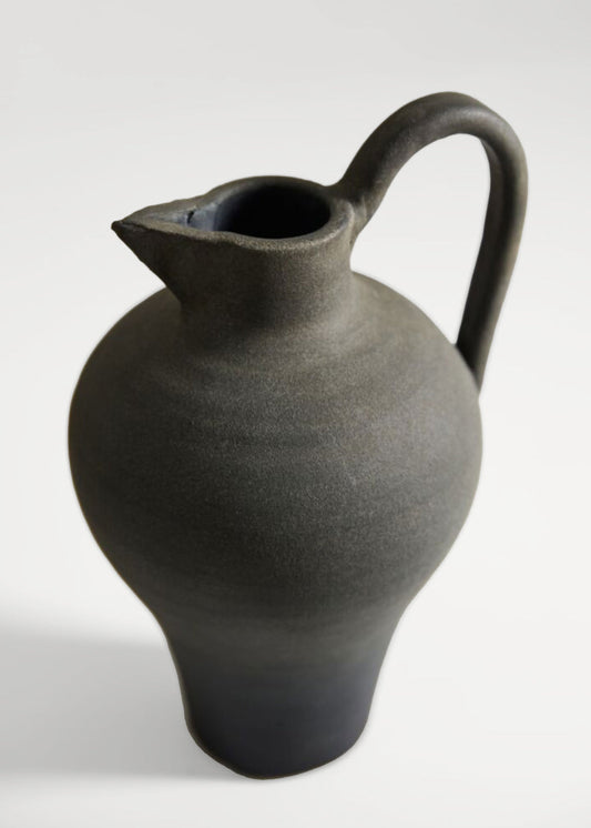 Handmade Terra Cotta Pitcher Vase with Handle in Aged Black - 11.75"