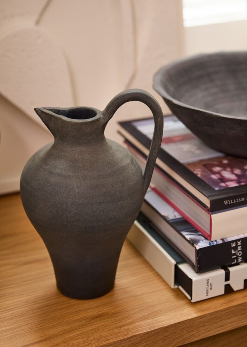 Handmade Terra Cotta Pitcher Vase with Handle in Aged Black - 11.75"