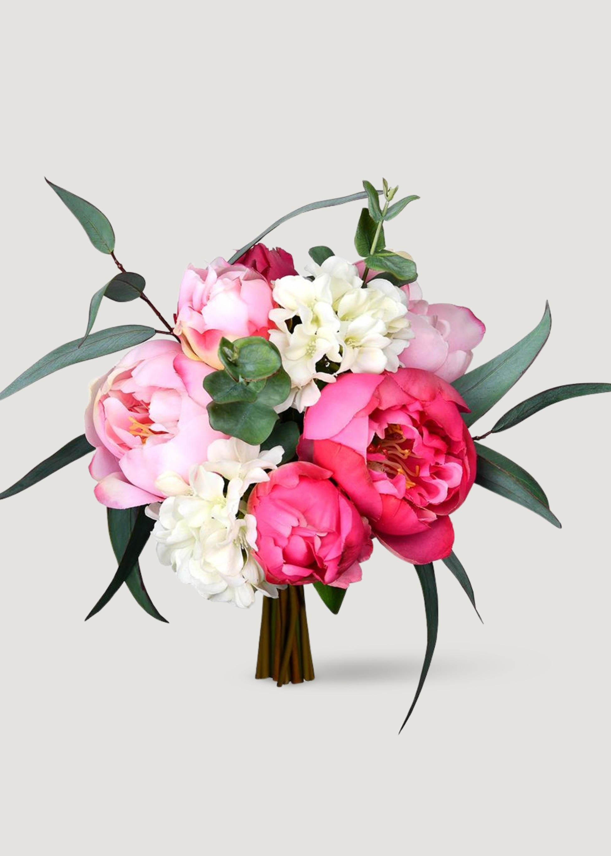 Pink Cream Fake Peony and Eucalyptus Flower Bouquet - 13"