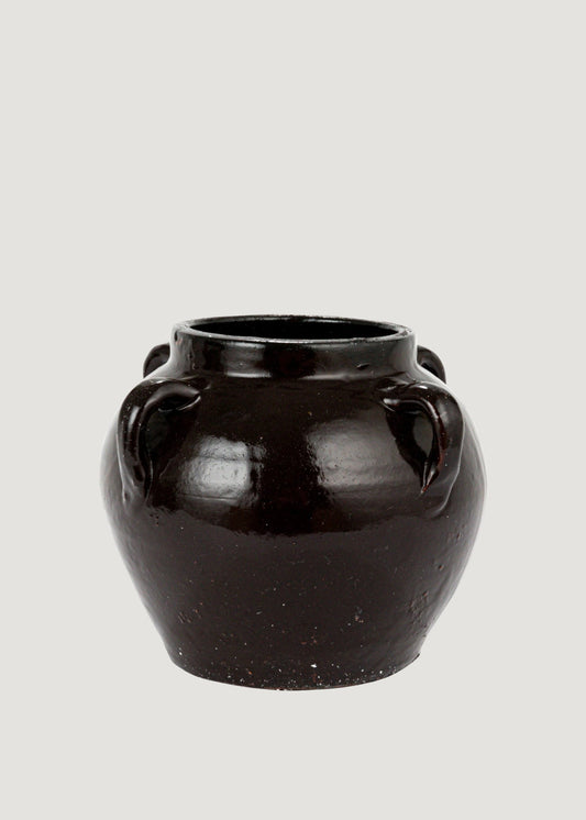 Distressed Clay Round Jar Vase in Dark Brown Black Hue - 6.75"