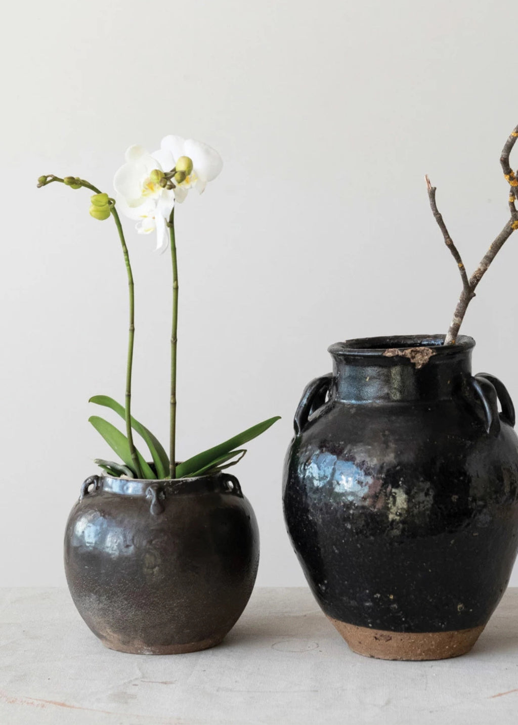 Distressed Clay Round Jar Vase in Dark Brown Black Hue - 6.75"