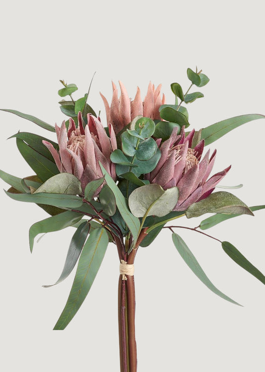 Mauve Fake Protea and Eucalyptus Tropical Flower Bouquet - 13.5"