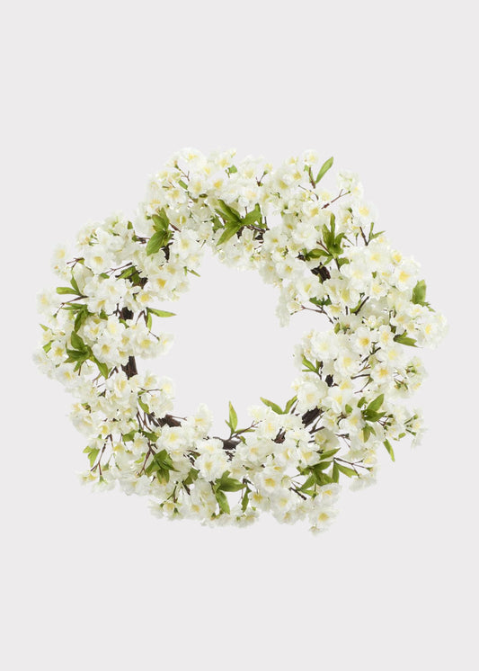Fake Cherry Blossom Wreath in White - 24"