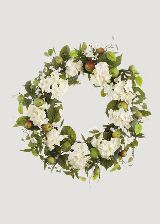White Artificial Hydrangea and Apple Spring Wreath - 30"