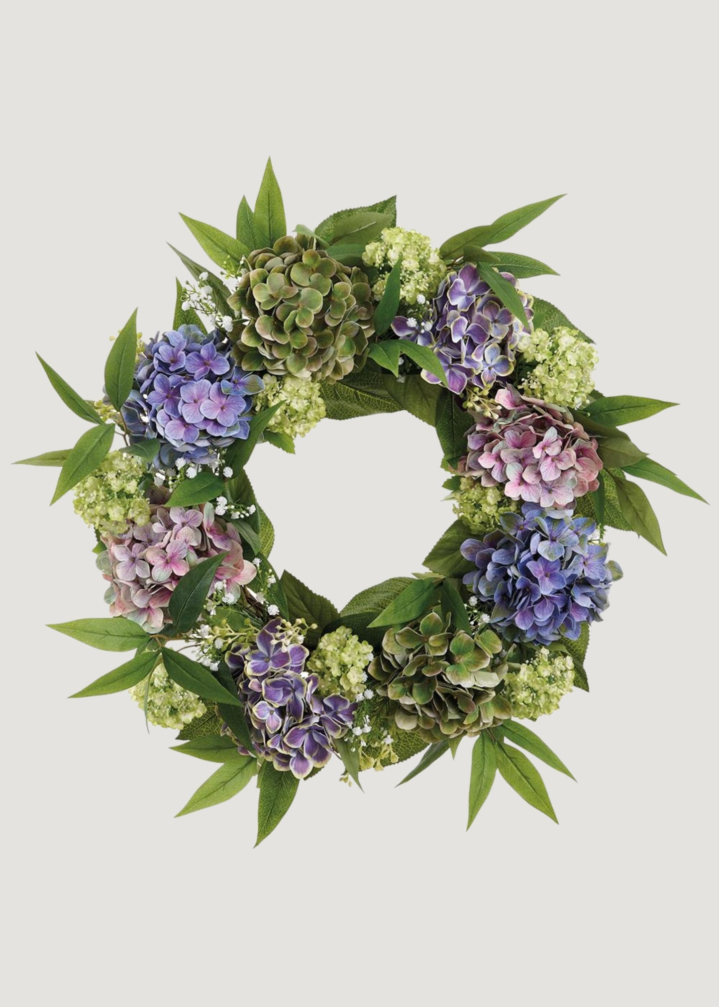 Purple Green Fake Hydrangea and Snowball Flower Wreath - 22"