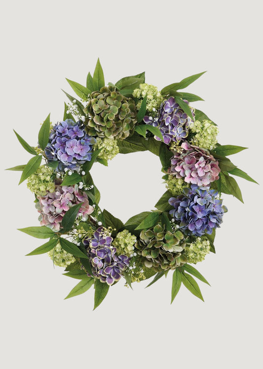 Purple Green Fake Hydrangea and Snowball Flower Wreath - 22"