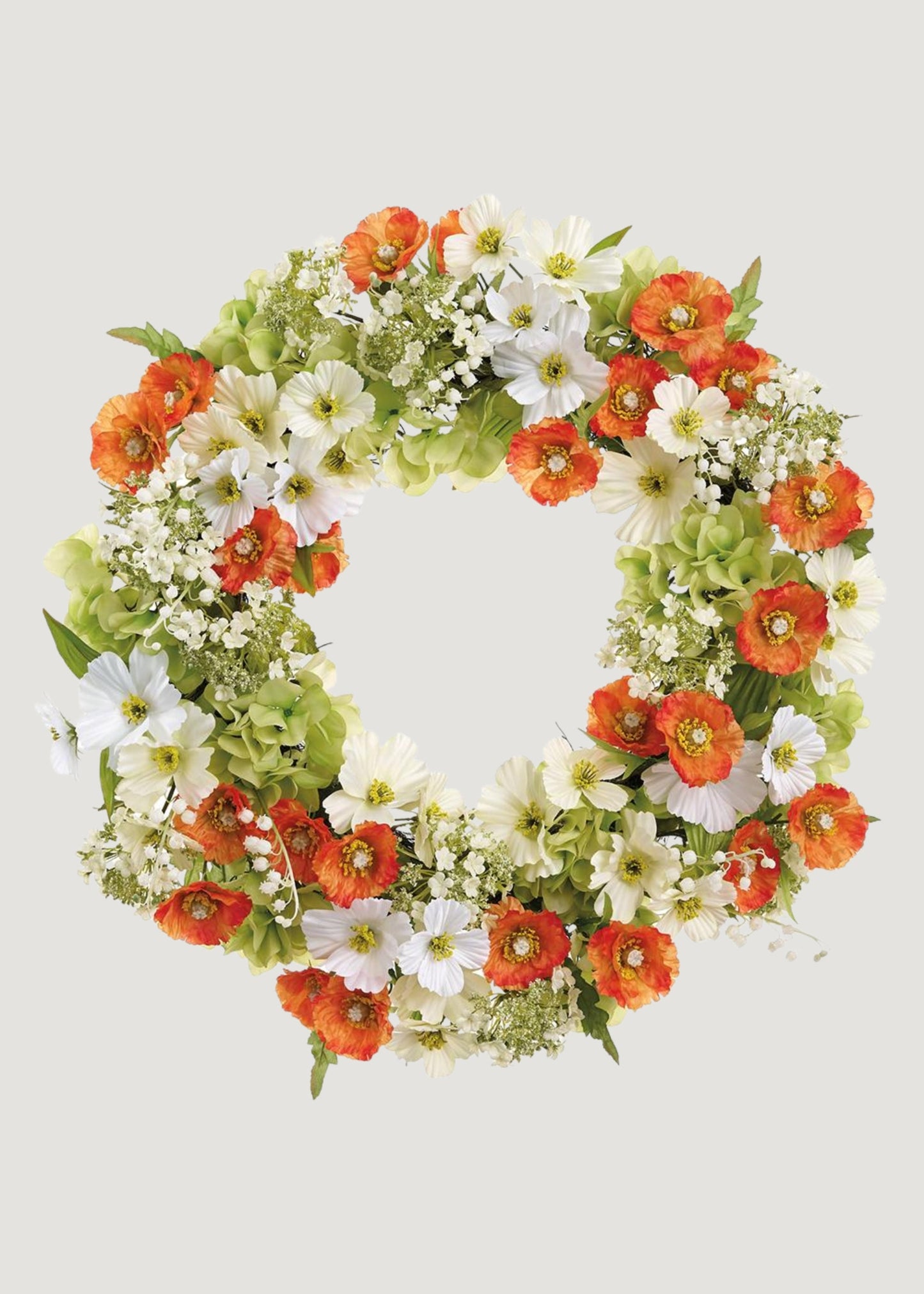 Orange and White Fake Poppy Wreath with Snowball Flowers - 24"