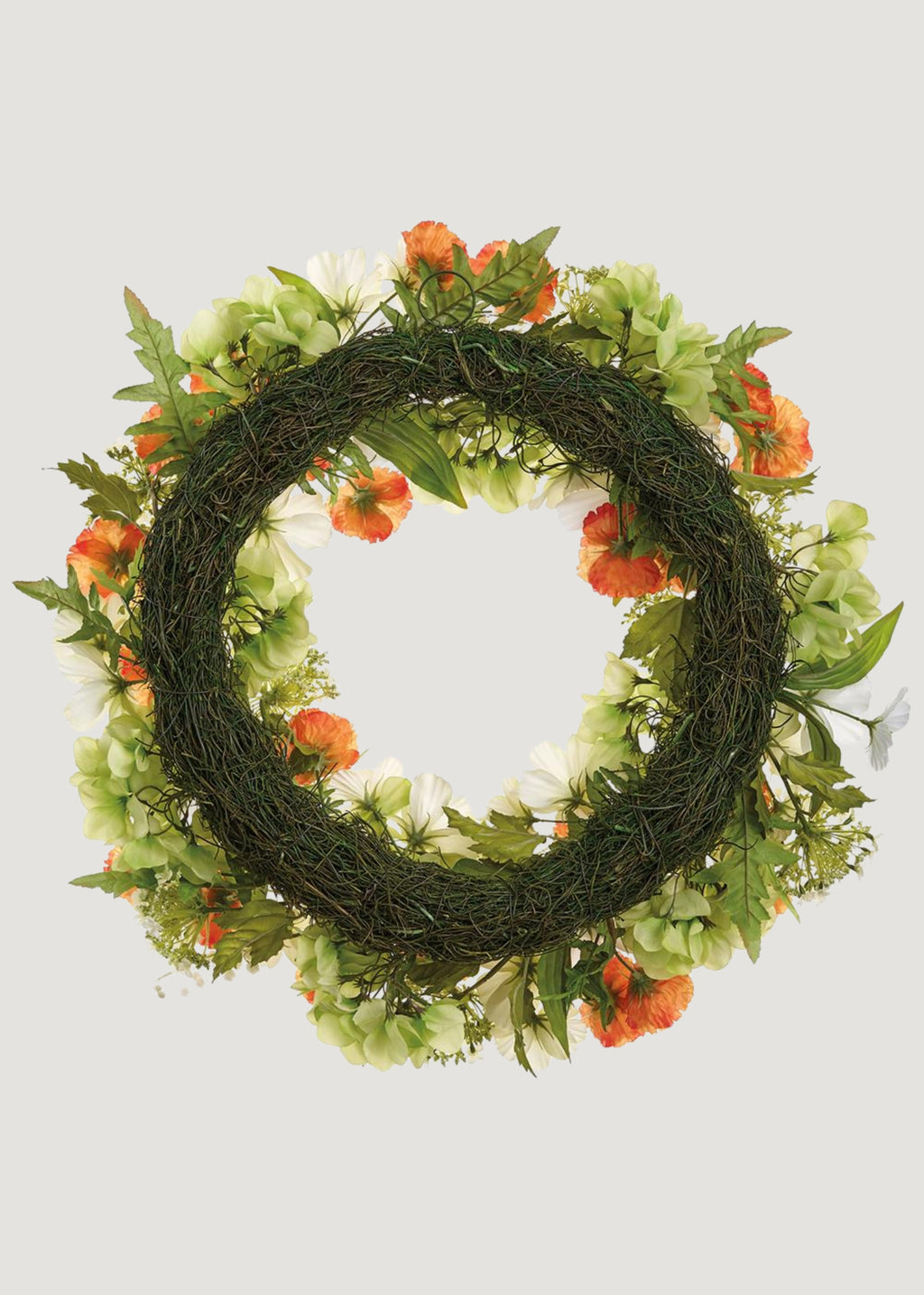 Orange and White Fake Poppy Wreath with Snowball Flowers - 24"