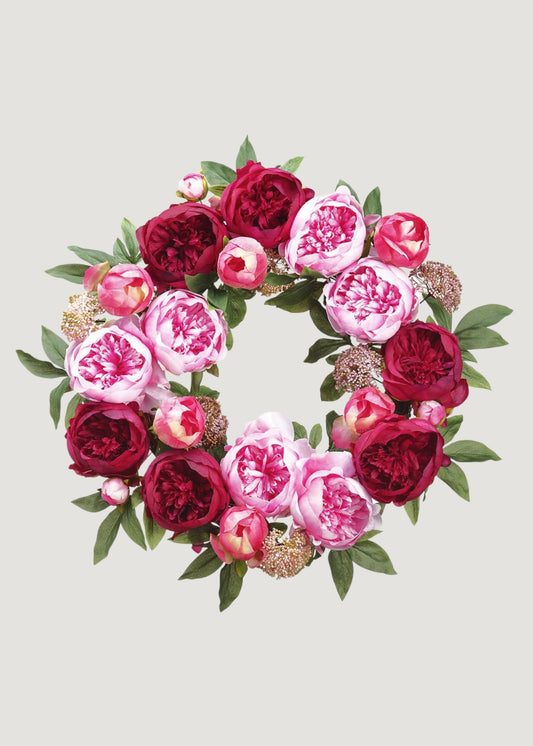 Pink and Burgundy Blooming Peony Fake Flower Wreath - 26"