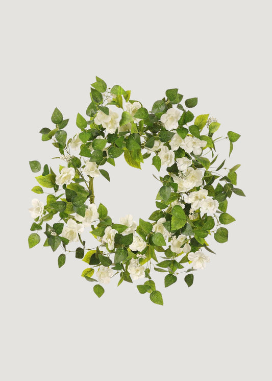 White Artificial Wild Rose Flower and Leaf Wreath - 22"