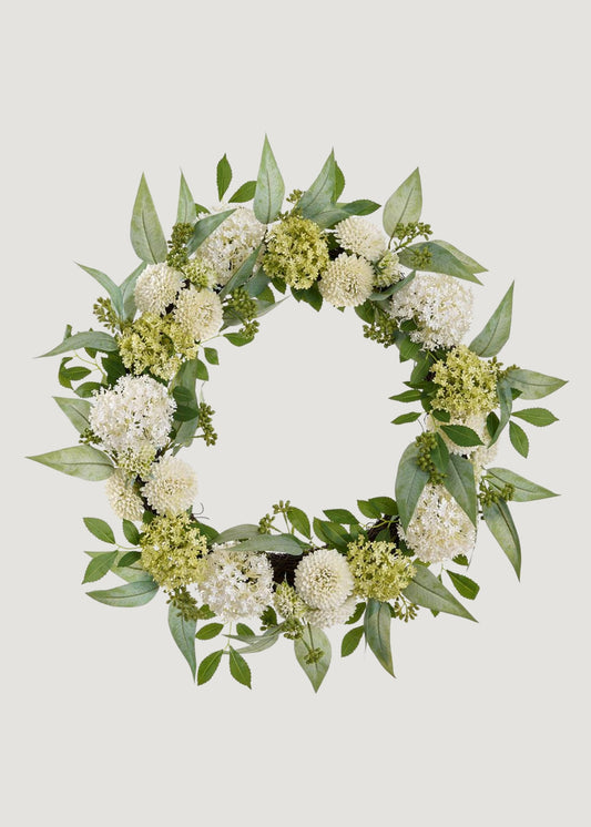 Cream Green Fake Snowball and Mum Flower Wreath with Sedum - 24"