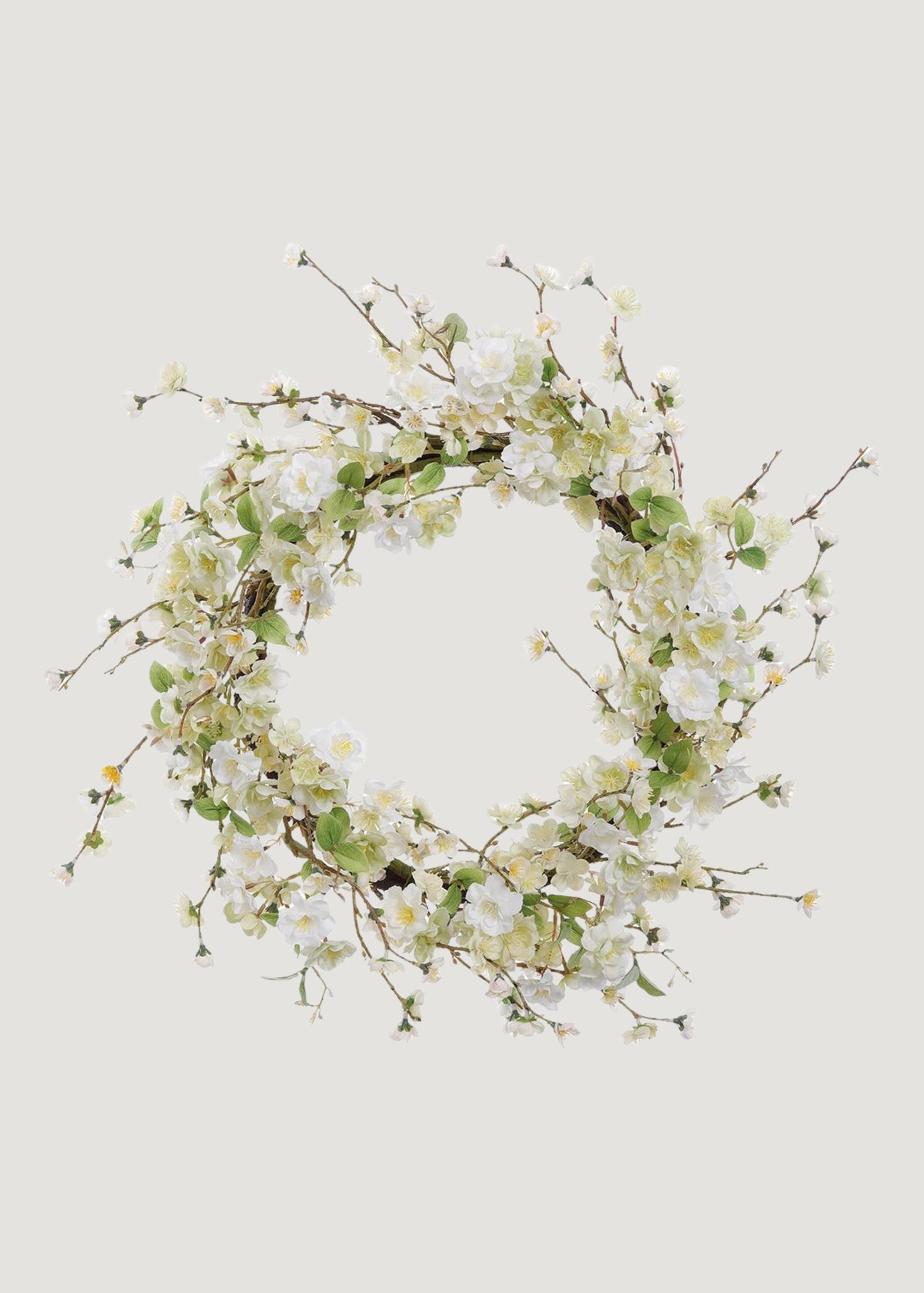 Artificial Wispy Cherry Blossom Flower Wreath in Cream Green - 24"