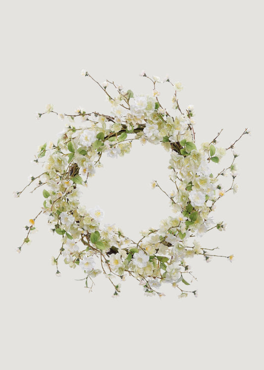 Artificial Wispy Cherry Blossom Flower Wreath in Cream Green - 24"