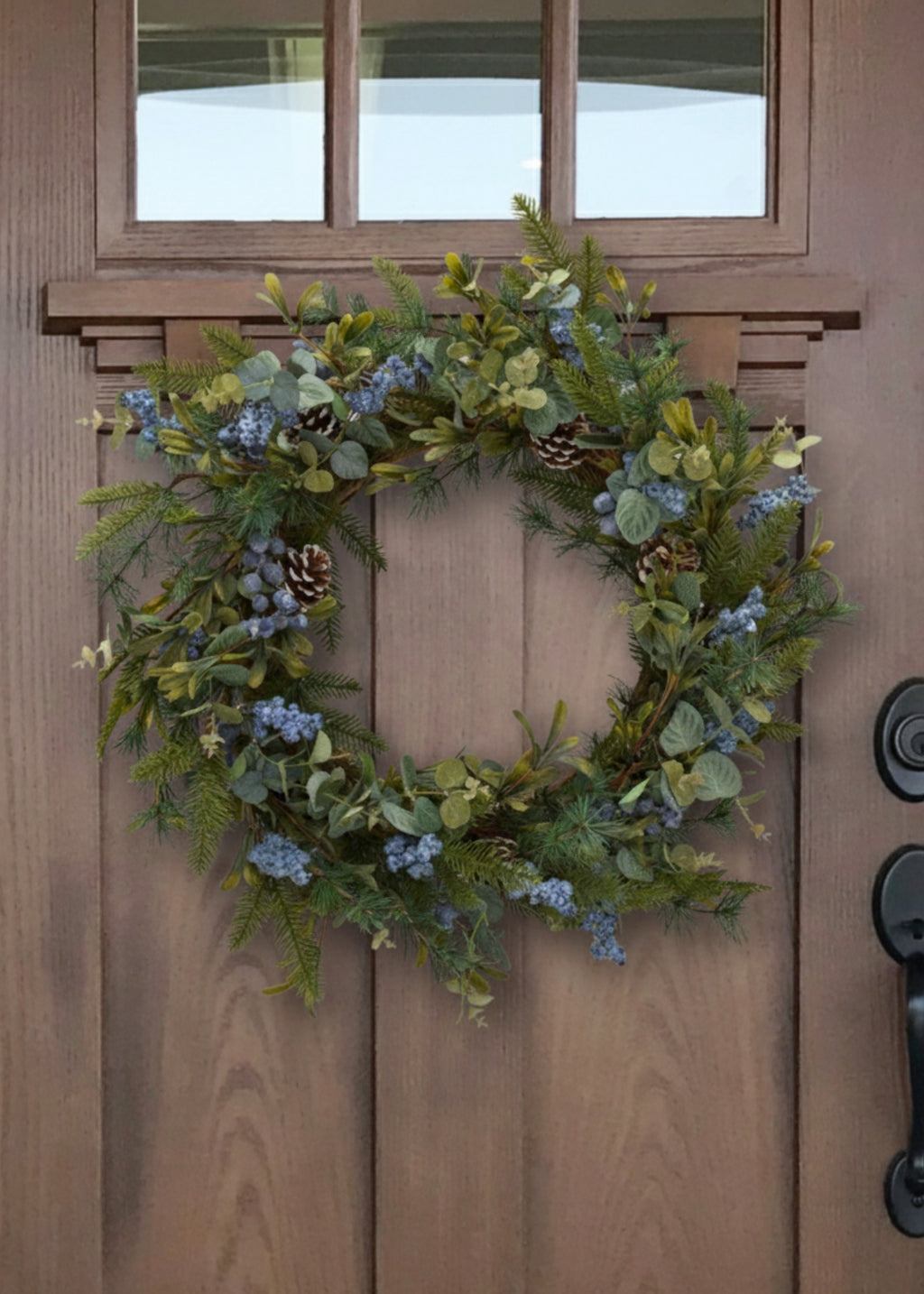 Fake Mixed Greenery Wreath with Blue Berries - 29"