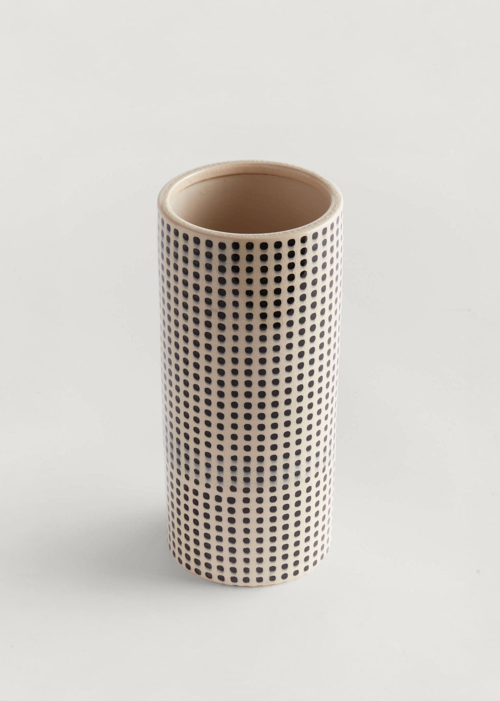 Handmade White and Black Dotted Ceramic Cylinder Vase - 11.25"