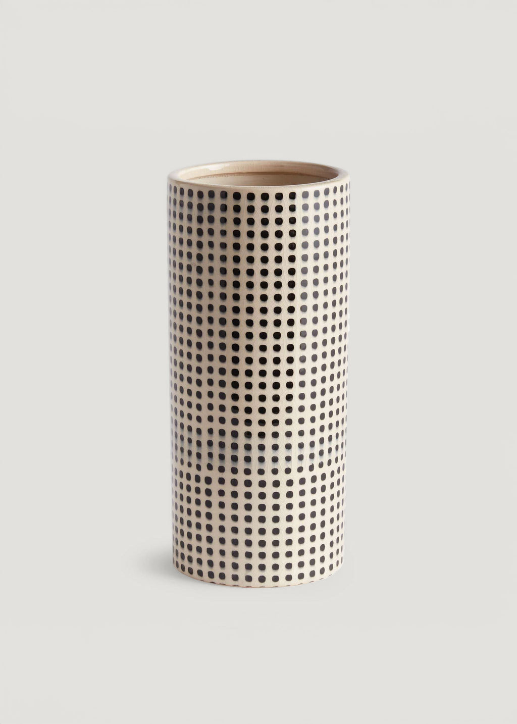 Handmade White and Black Dotted Ceramic Cylinder Vase - 11.25"