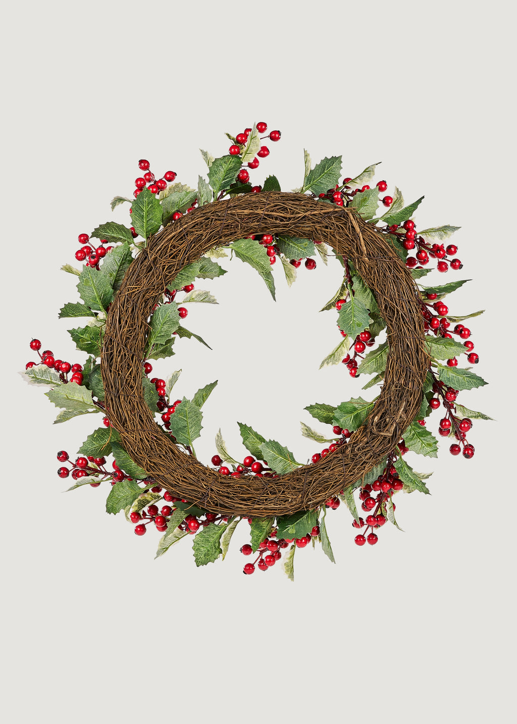 Deluxe Fake Traditional Winter Holly and Berry Wreath - 24"