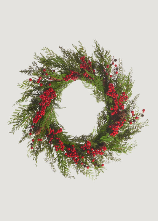 Fake Cedar Winter Wreath with Red Berries and Pine Cones - 26"