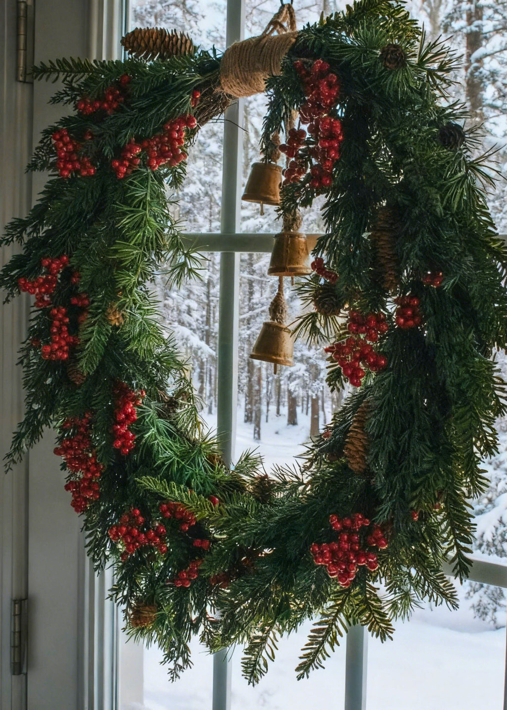 Fake Holiday Cedar and Red Berry Wreath with Pinecones - 30"