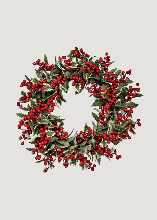 Deluxe Fake Traditional Winter Holly and Berry Wreath - 24"