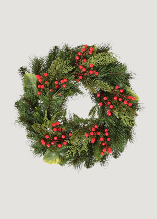 UV Treated Fake Indoor/Outdoor Winter Pine and Berry Wreath - 24"