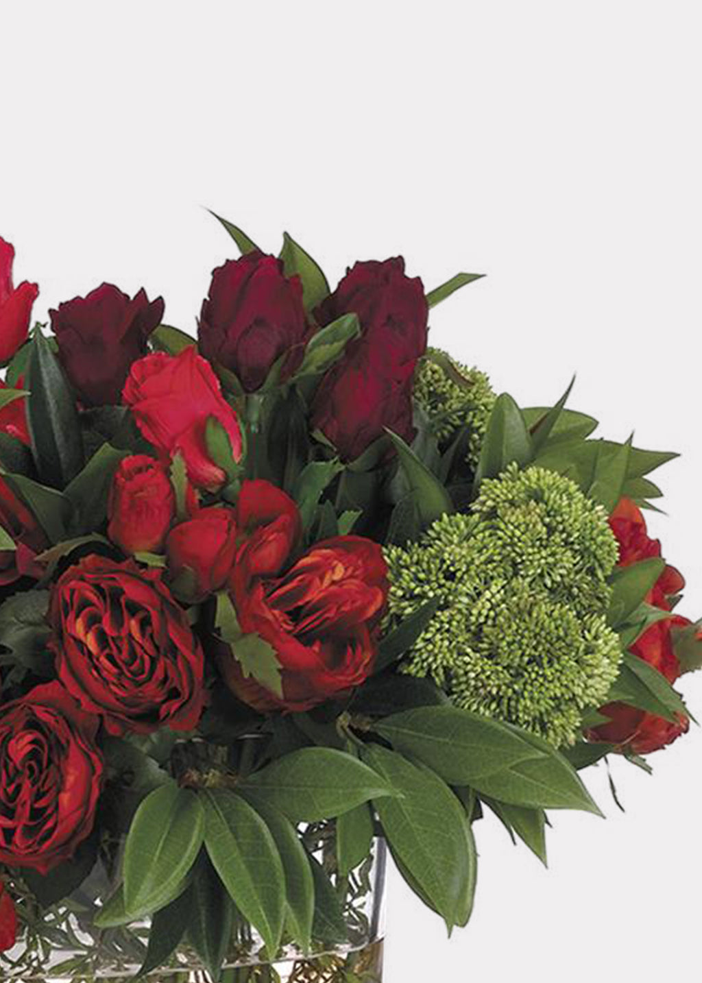 Red Fake Rose and Dahlia Flower Arrangement in Oval Glass Vase - 14"