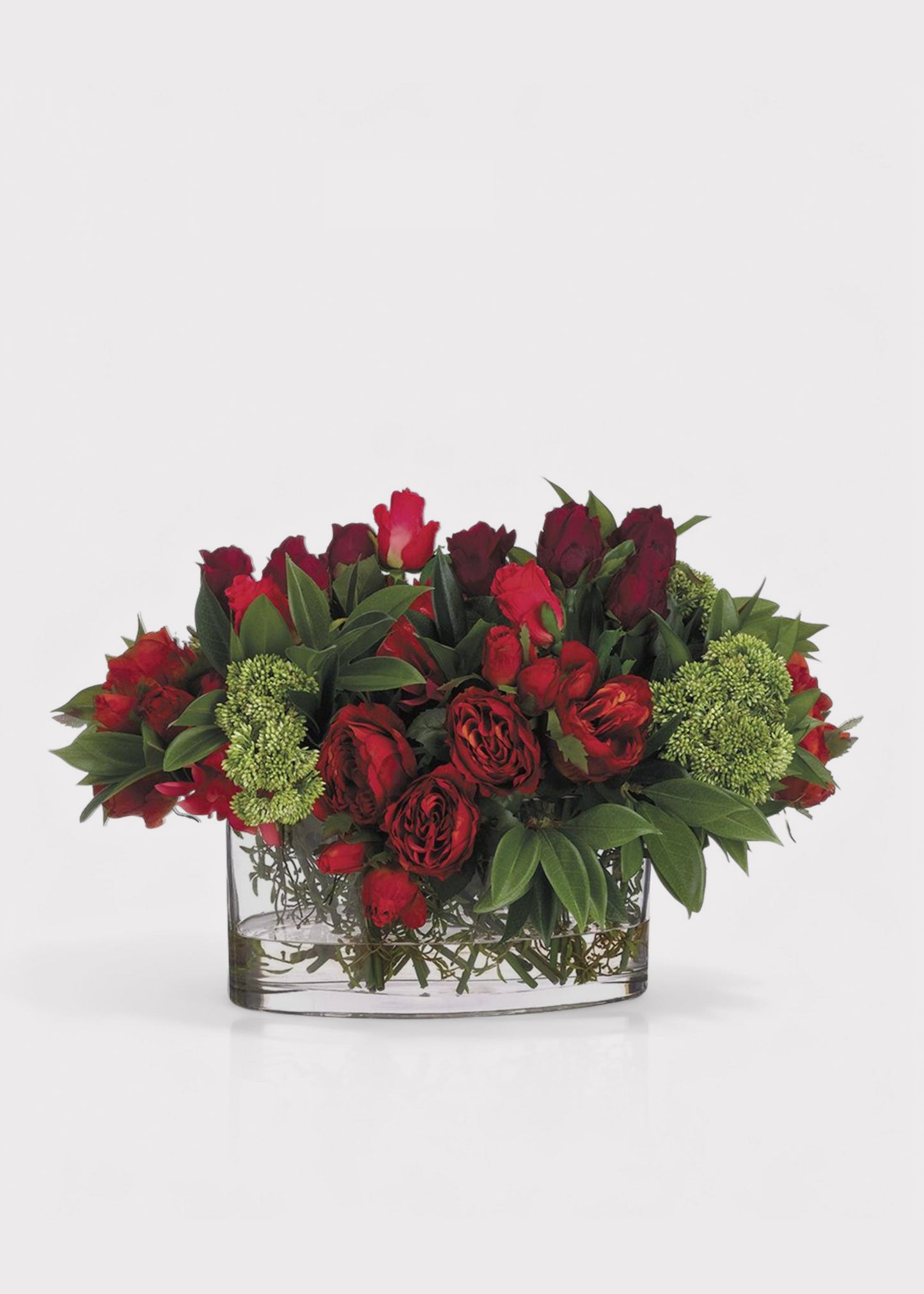 Red Fake Rose and Dahlia Flower Arrangement in Oval Glass Vase - 14"