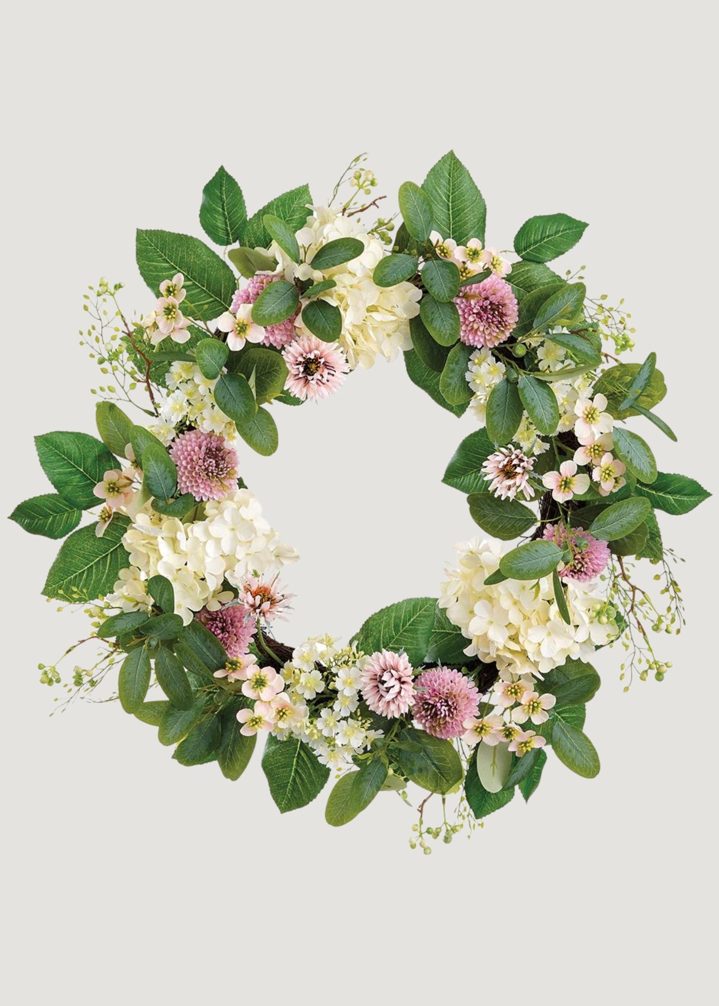 Dahlia and Hydrangea Fake Flower Wreath in Pink Cream - 24"