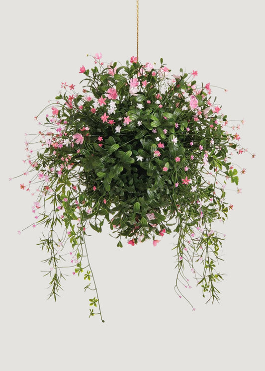 UV Treated Outdoor Fake Hanging Boxwood and Pink Flower Plant - 19"