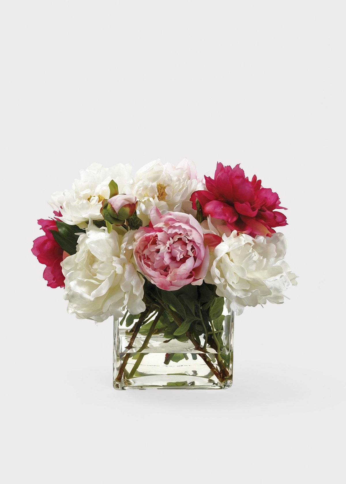 Pink and White Faux Peony Glass Vase Arrangement - 14"
