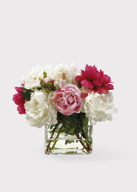 Pink and White Faux Peony Glass Vase Arrangement - 14"