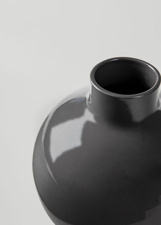 Small Round Ceramic Vase in Glossy Smoked Taupe - 8"