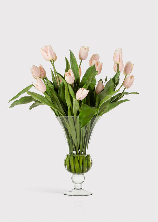 Pink Artificial Tulip Arrangement in Footed Glass Vase - 31"