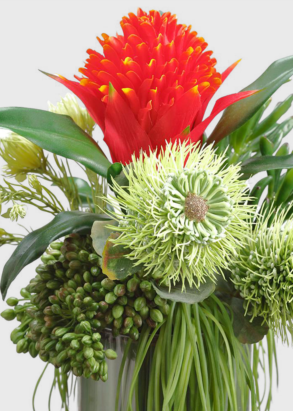 Red Fake Bromeliad and Protea Tropical Flower Arrangement - 12"