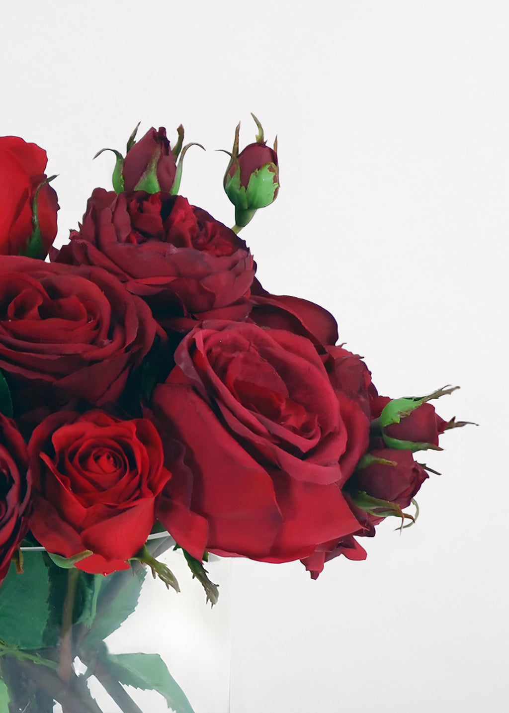 Faux Arrangement of Red Roses in Glass Vase - 13"