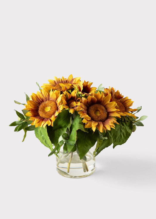 Faux Sunflower and Olive Leaf Arrangement in Glass Vase - 11"