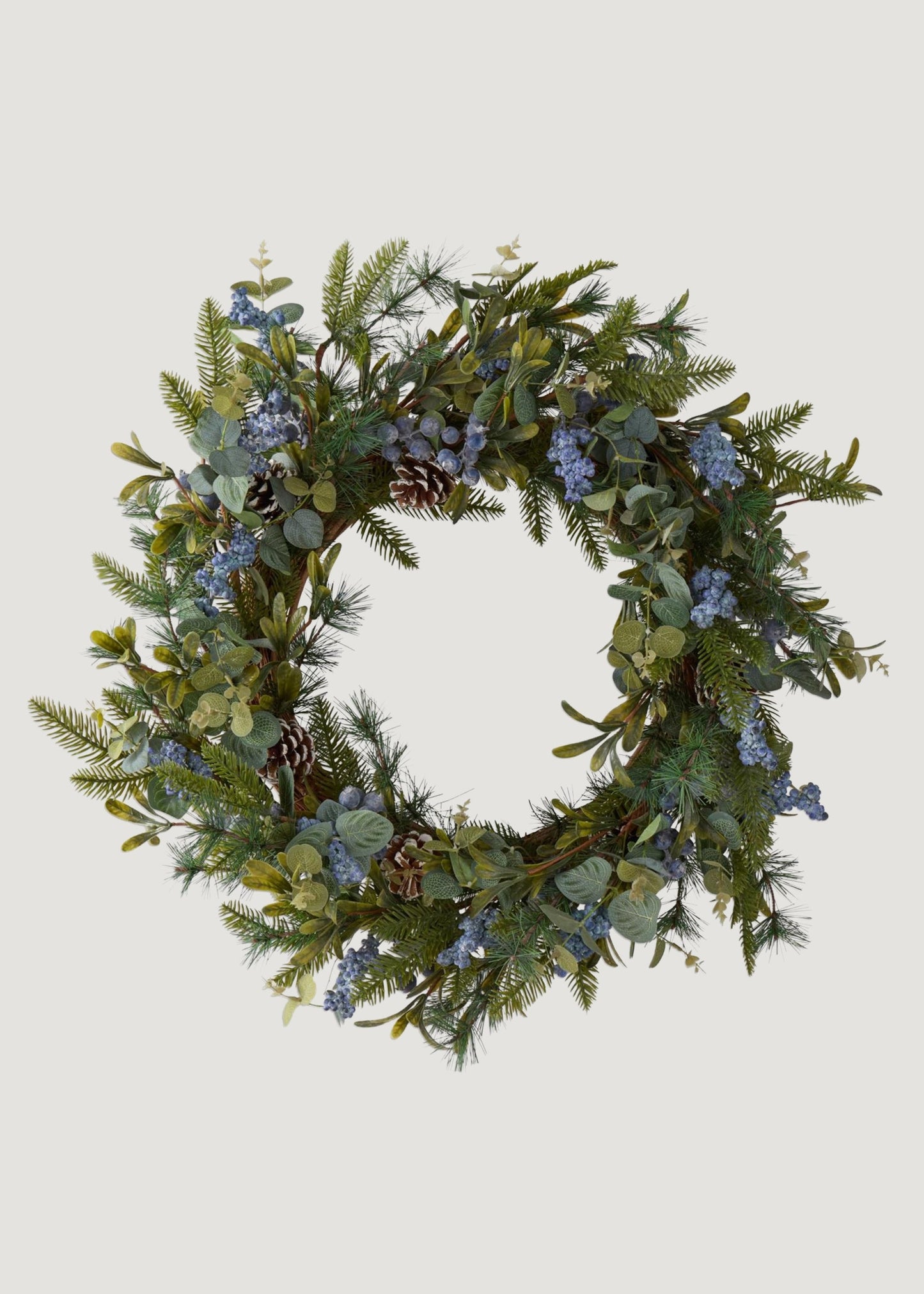 Fake Mixed Greenery Wreath with Blue Berries - 29"