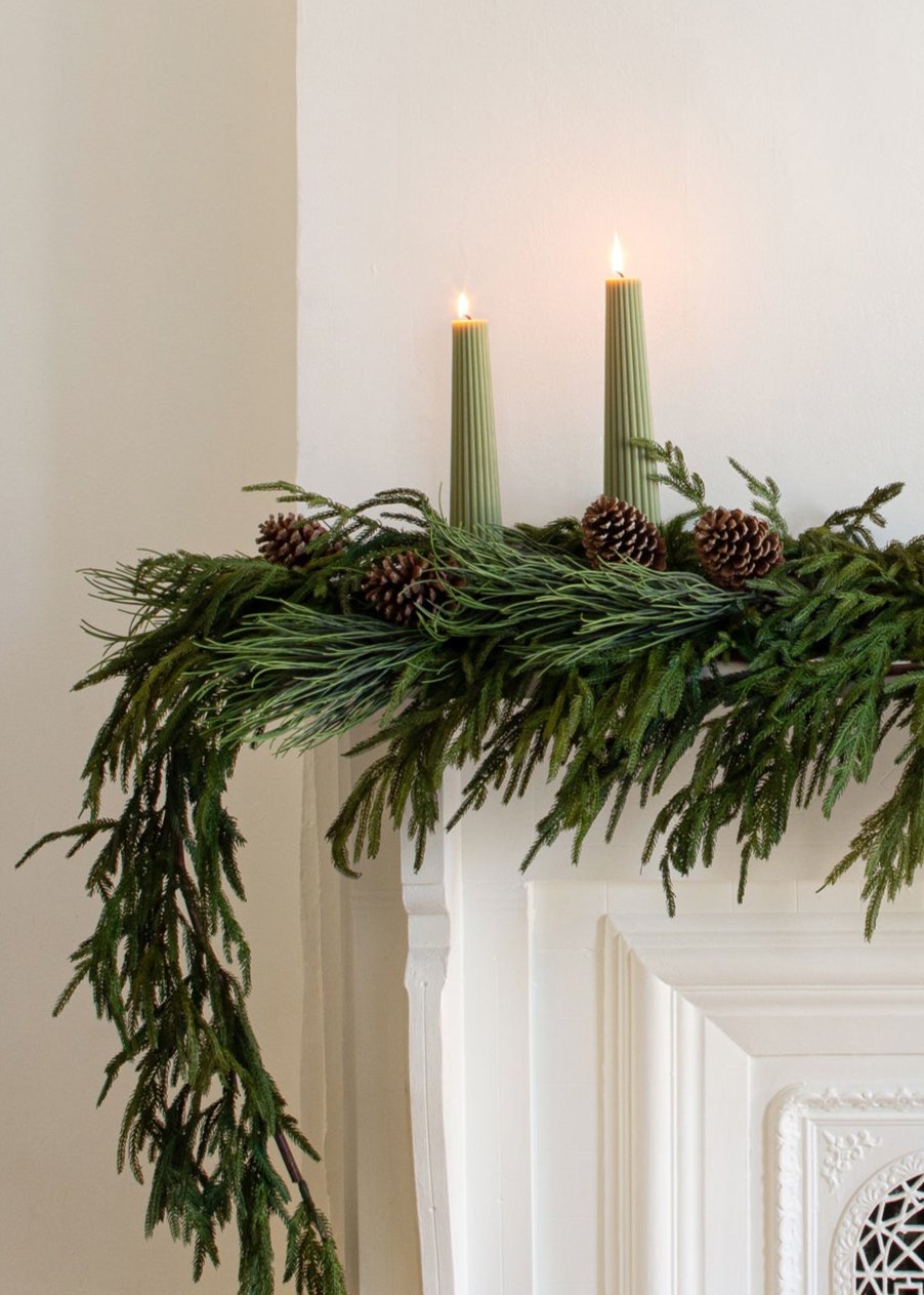 Tall Natural Beeswax Fluted Pillar Candle in Sage - 13.5"