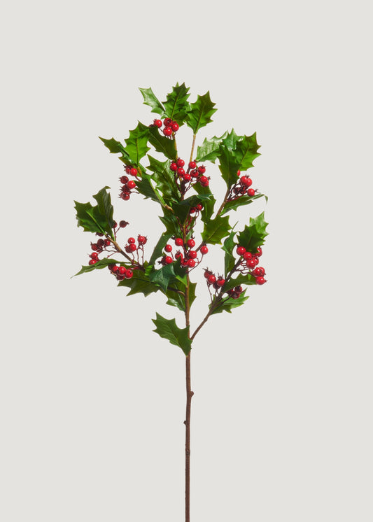 Fake Holly Leaves and Red Berries Winter Branch - 33"